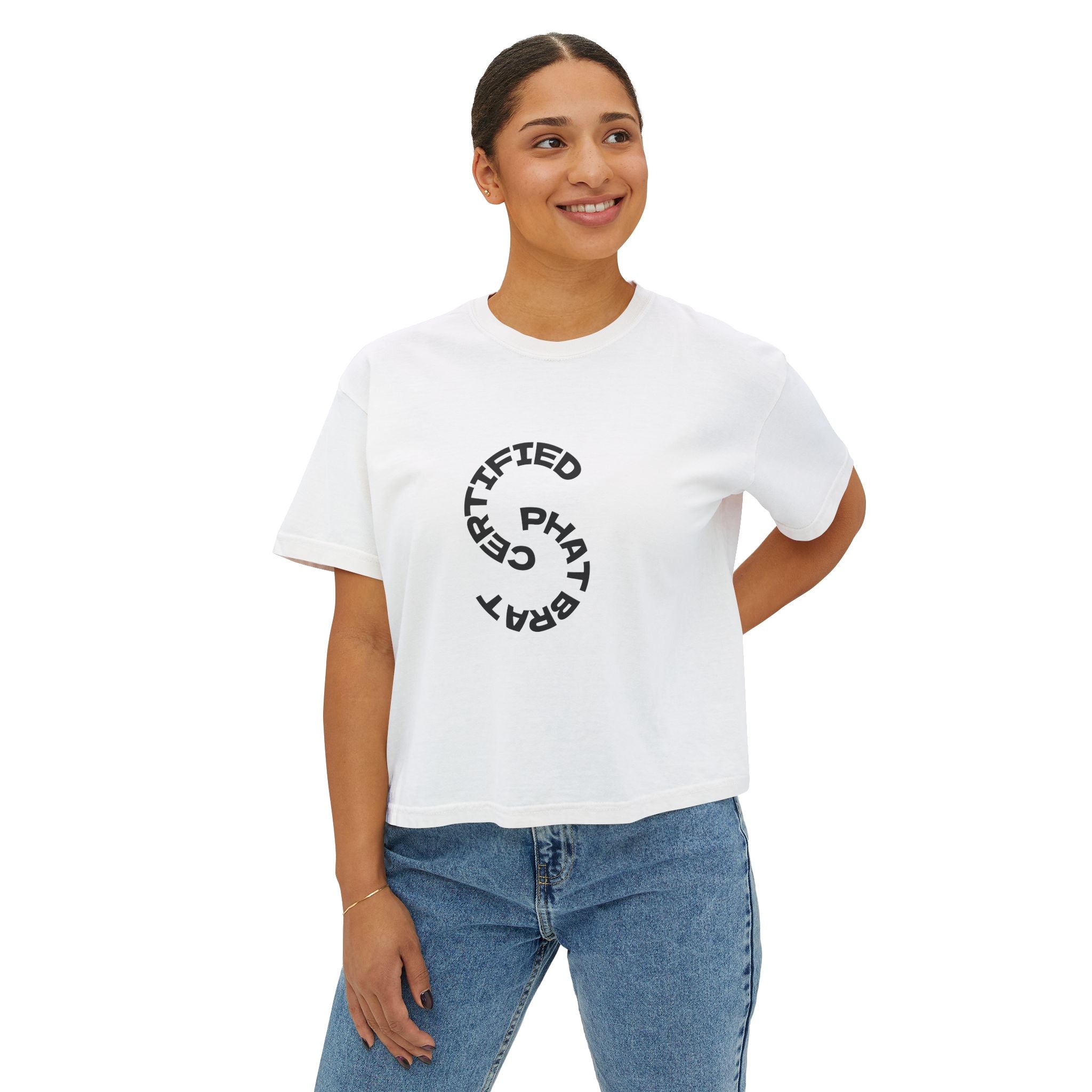 Certified Phat Brat Women's Boxy Tee – Retro Circular Text Graphic