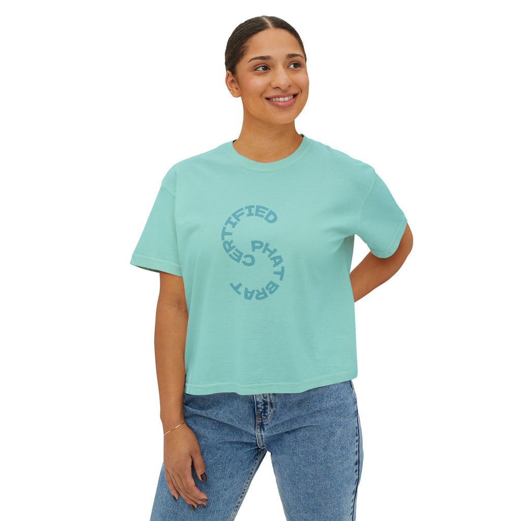 Certified Phat Brat Women's Boxy Tee – Retro Circular Text Graphic