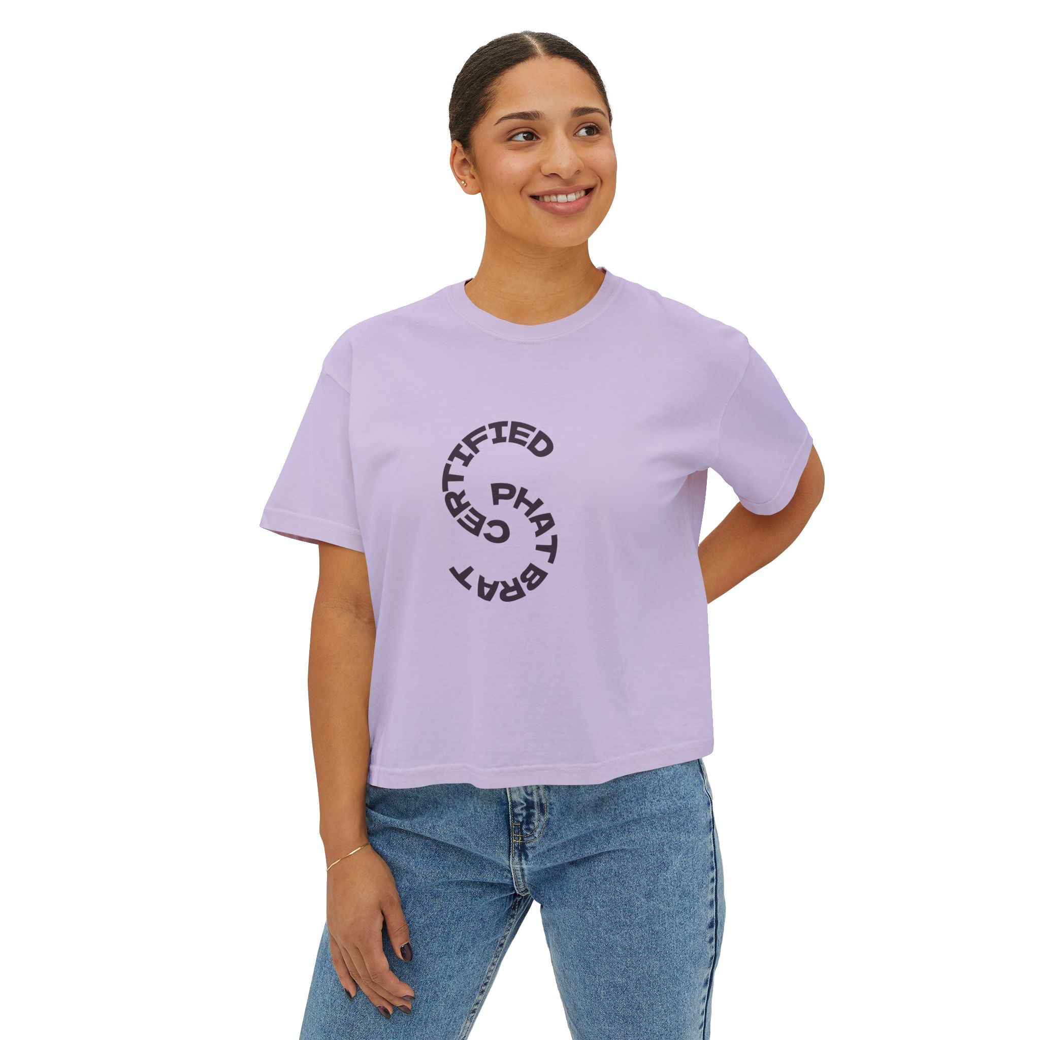 Certified Phat Brat Women's Boxy Tee – Retro Circular Text Graphic