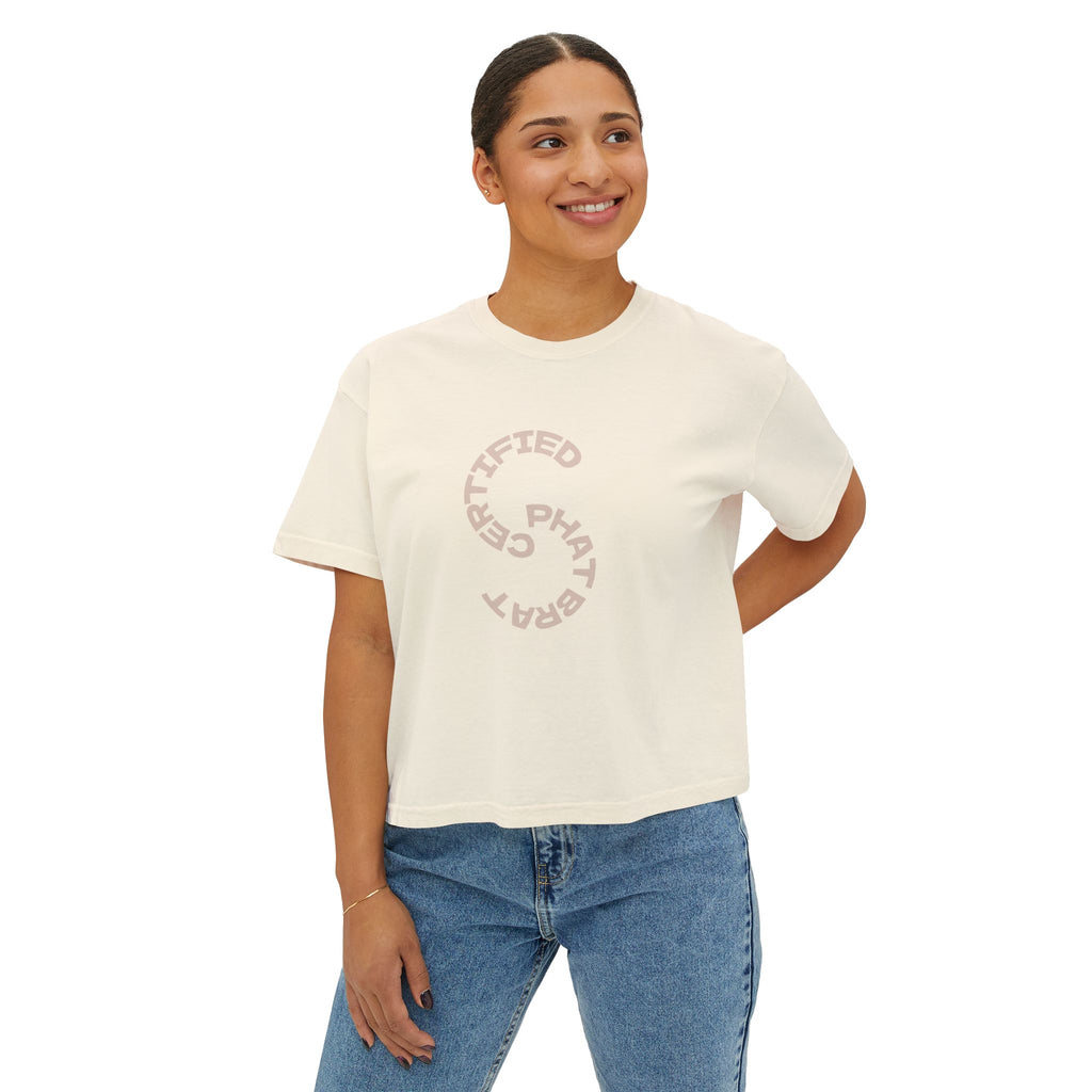 Certified Phat Brat Women's Boxy Tee – Retro Circular Text Graphic