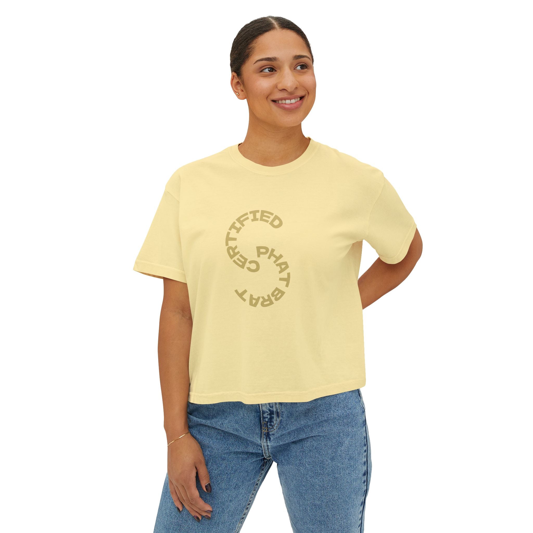 Certified Phat Brat Women's Boxy Tee – Retro Circular Text Graphic