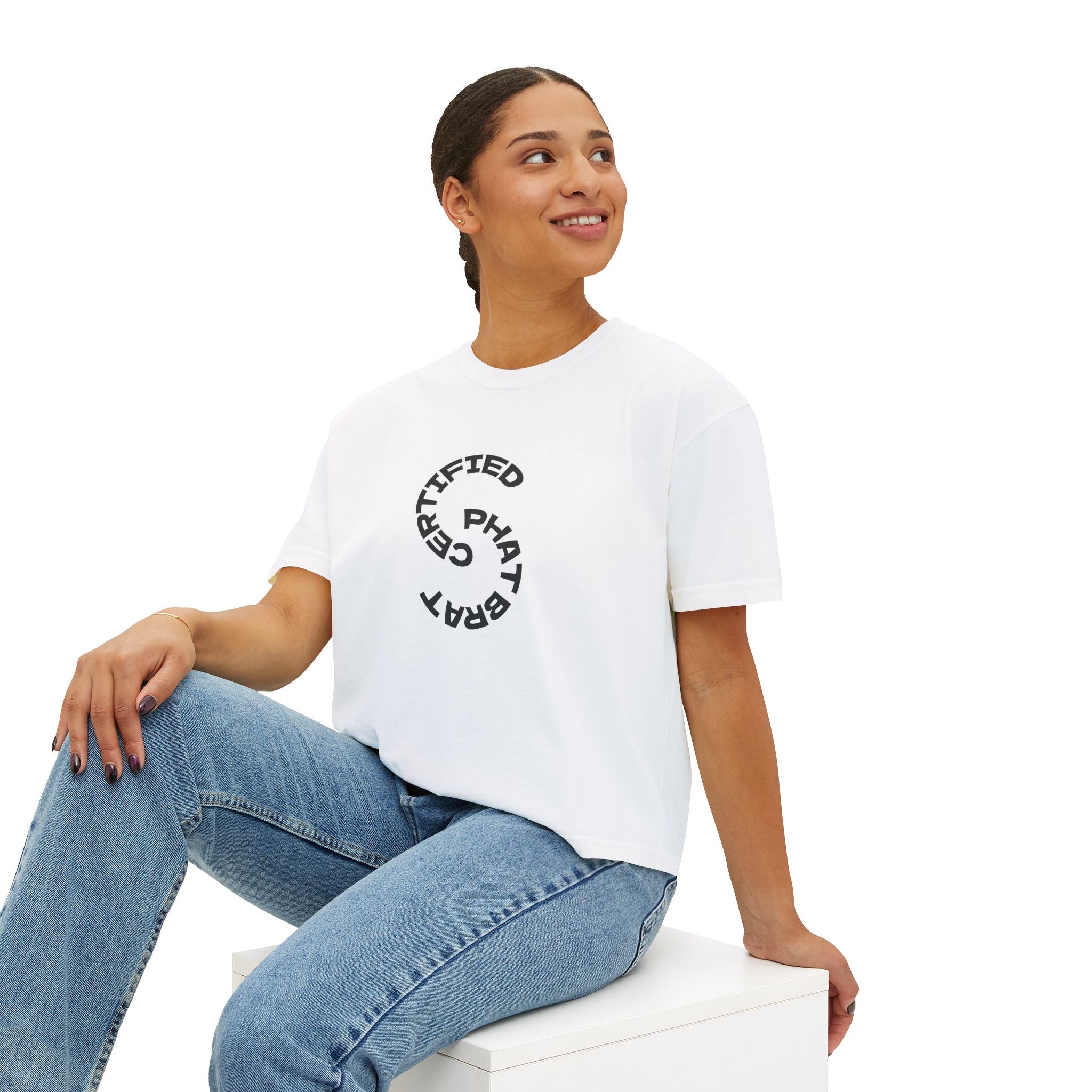 Certified Phat Brat Women's Boxy Tee – Retro Circular Text Graphic