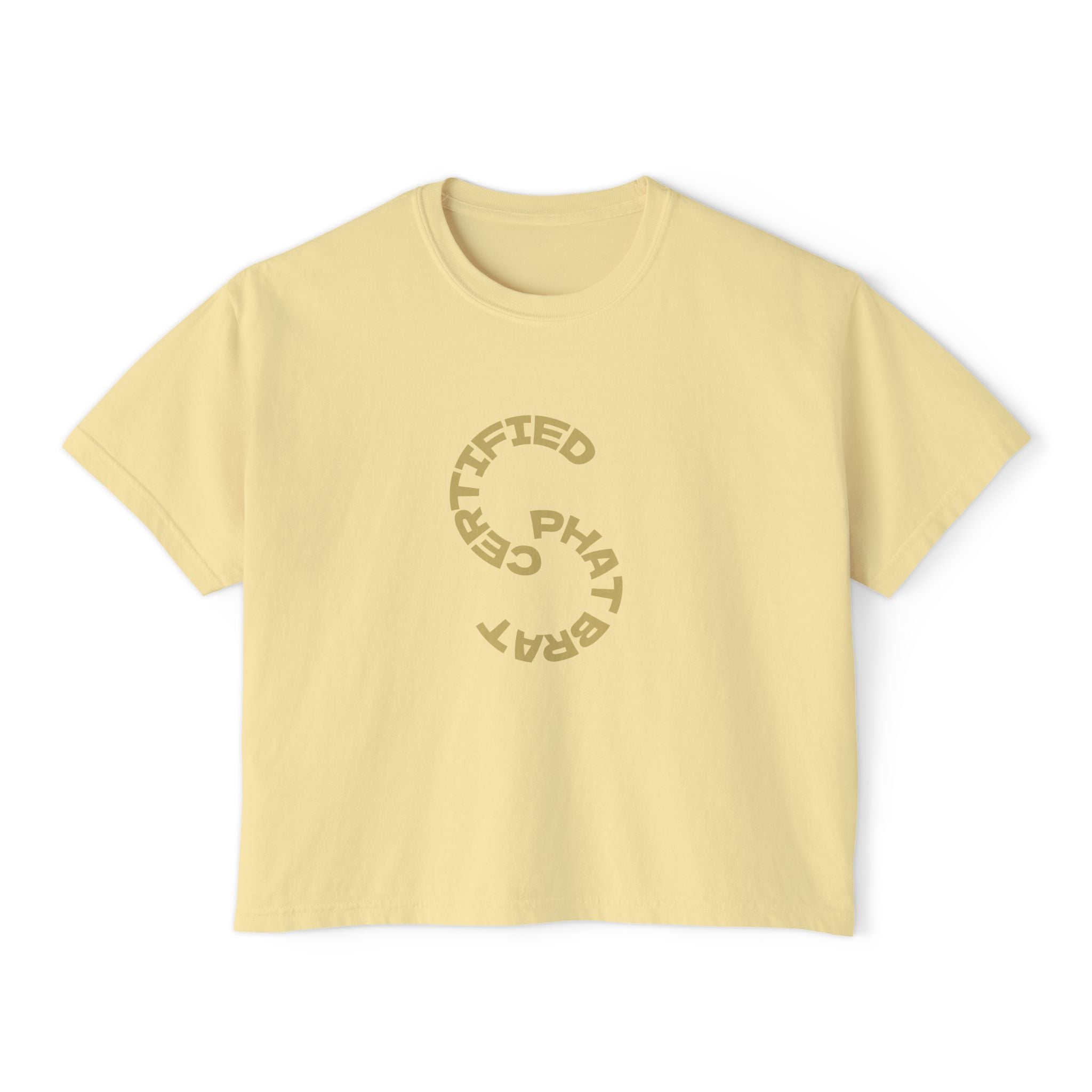 Certified Phat Brat Women's Boxy Tee – Retro Circular Text Graphic