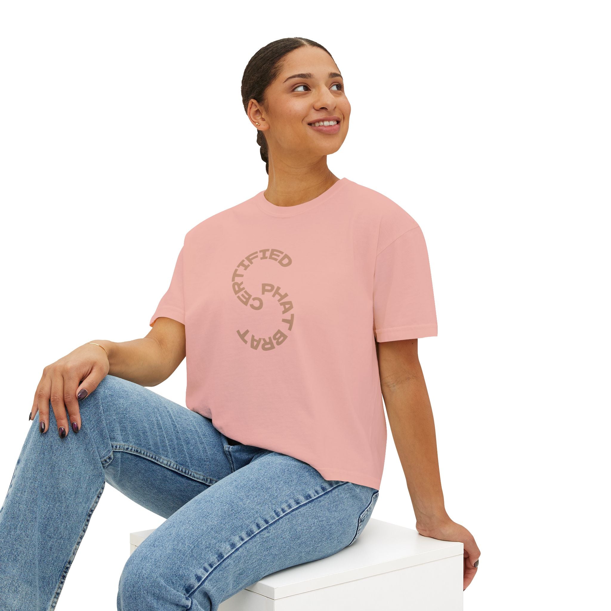 Certified Phat Brat Women's Boxy Tee – Retro Circular Text Graphic