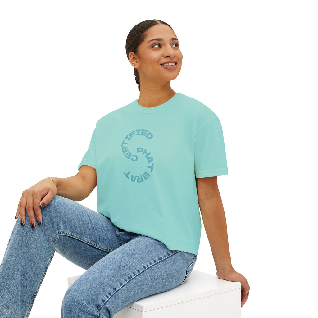 Certified Phat Brat Women's Boxy Tee – Retro Circular Text Graphic