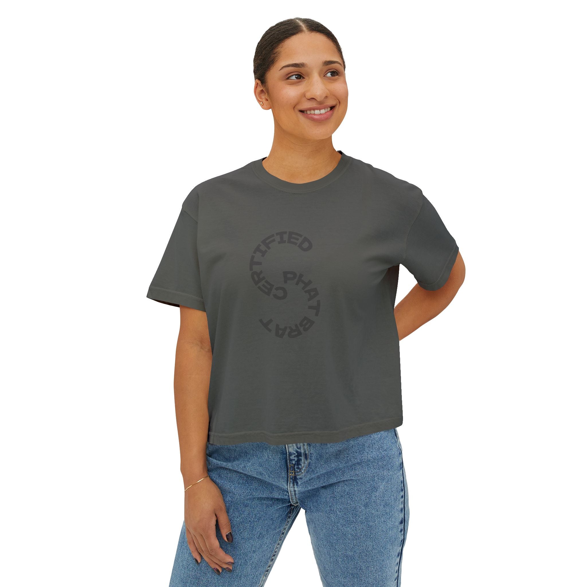 Certified Phat Brat Women's Boxy Tee – Retro Circular Text Graphic