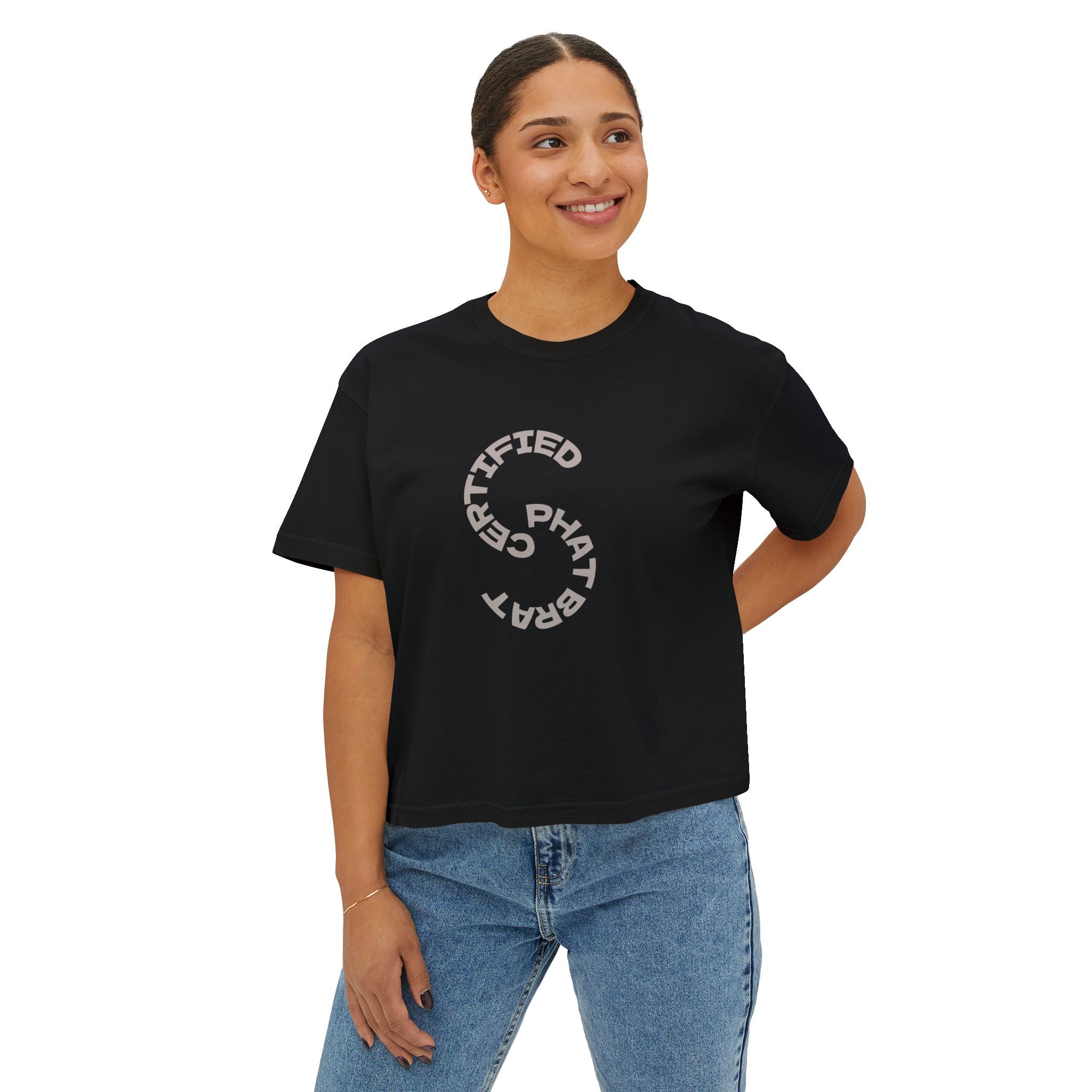 Certified Phat Brat Women's Boxy Tee – Retro Circular Text Graphic