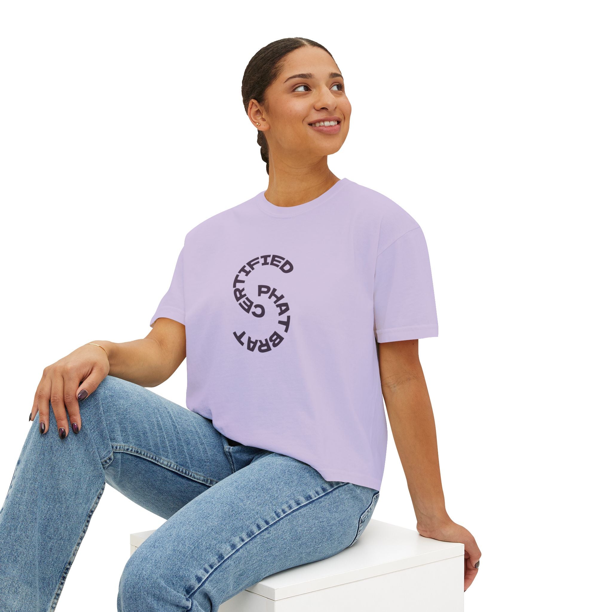 Certified Phat Brat Women's Boxy Tee – Retro Circular Text Graphic